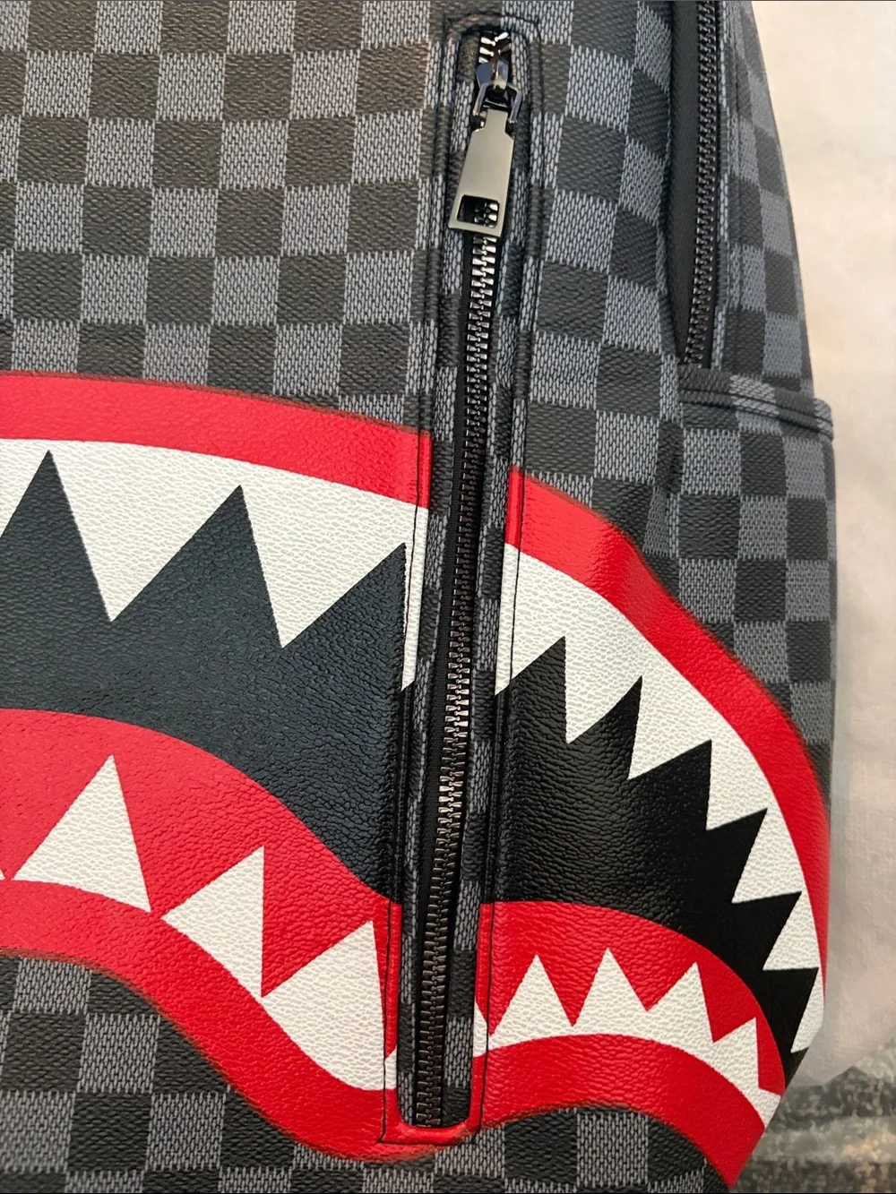 NEW Never Used Checkered Black & Gray Shark Graphic Backpack - Red Accent